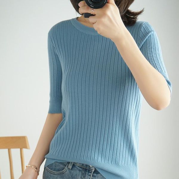 

ktd01 spring ribbed striped elastic t shirt women casual long sleeve shirt cotton t-shirts knitted blusas plus size, White