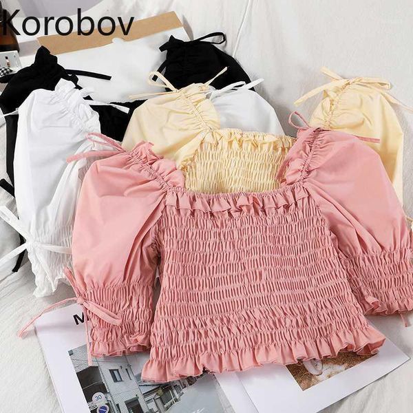 

korobov korean sleeve women blouses preppy style square collar bow crop shirts 2020 new chic slim blusas mujer1, White