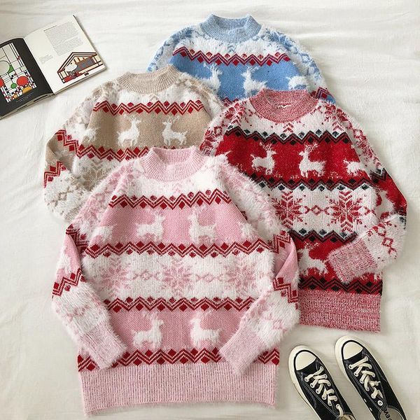 

mohair christmas knitted sweaters classic deer printed xmas o-neck pullover women loose casual lady winter warm streetwear1, White;black