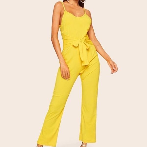 

yellow belt waist straps jumpsuit, Tan;black
