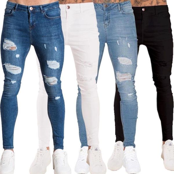 

pantalon homme slim new tejanos de hombre ripped mannen jeans homme skinny slim pantalones hip hop hombre denim trousers men, Blue