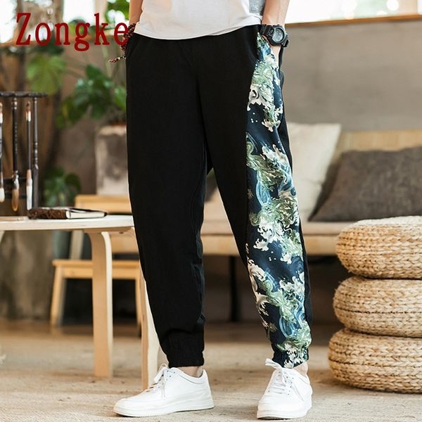 

zongke chinese style cotton linen pants men joggers men pants streetwear sweatpants harem pants men trousers 5xl spring new 201110, Black
