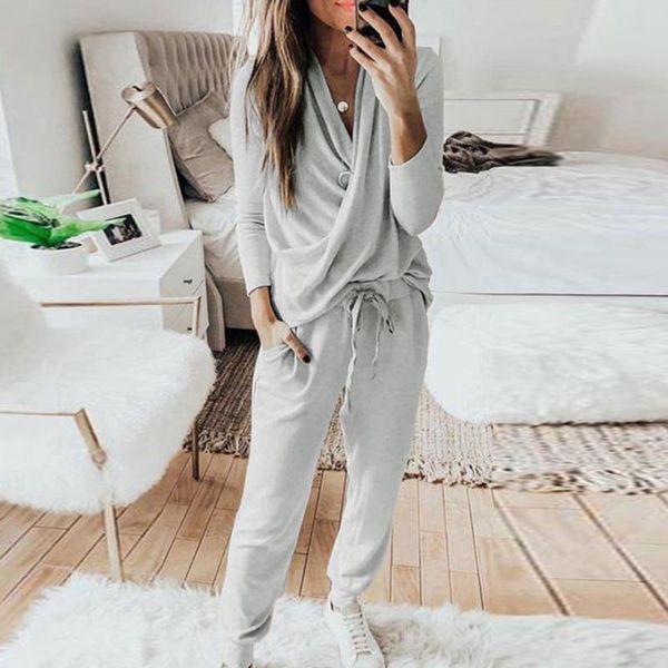 

casual loose women two piece set drawstring long pants 2 piece set women ensemble femme pure color tracksuit, Gray