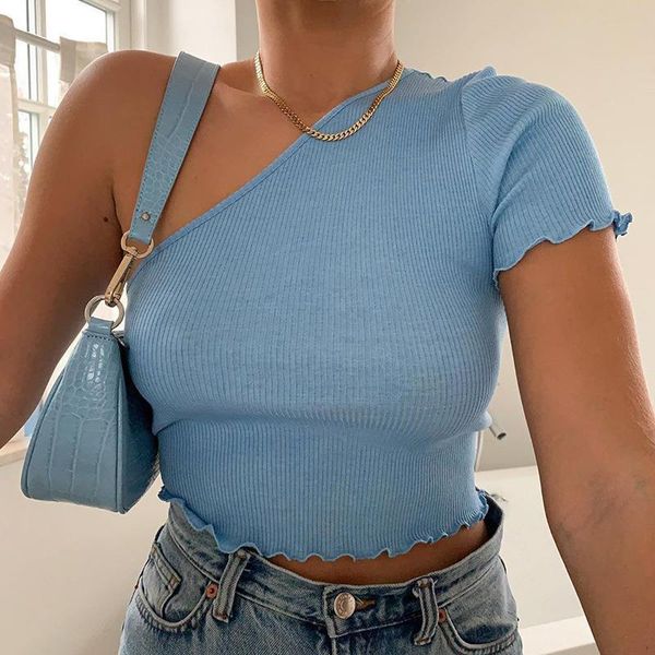 

women one shoulder sweaters slim summer casual ruched short sleeve knitted stretch tube crop top, White