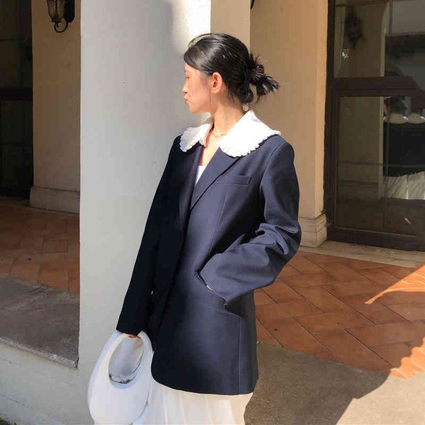 

women's suits & blazers [eam] women drak blue lace big sizeblazer ruffles long sleeve loose fit jacket fashion spring autumn 2022 1dd64, White;black