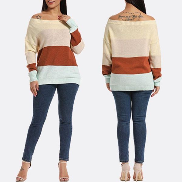 

women plus size long sleeve knit sweaters off the shoulder casual loose pullover color block patchwork rib trim jumper1, White;black