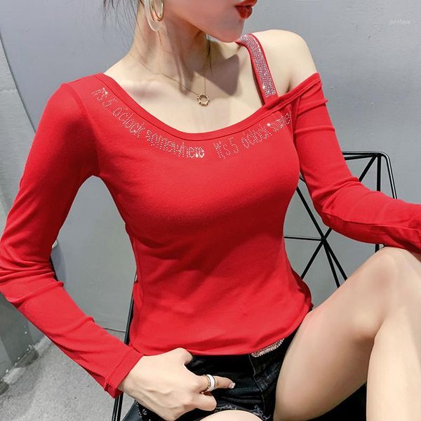 

2020 autumn new women fashion long sleeve off the shoulder women t-shirt drilling elegant slim clothing1, White