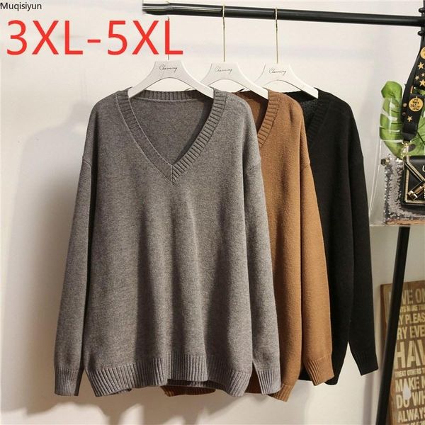 

new 2020 ladies autumn winter plus size knit for women pullover large long sleeve loose gray v neck sweater 4xl 5xl s3844, White;black