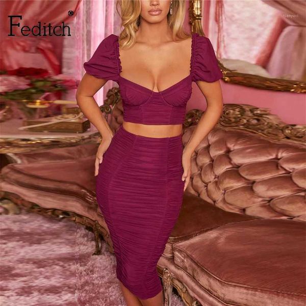 

feditch party two piece set women crop and skirt backless bodycon ruched 2 piece set short puff sleeves female outfits1, White