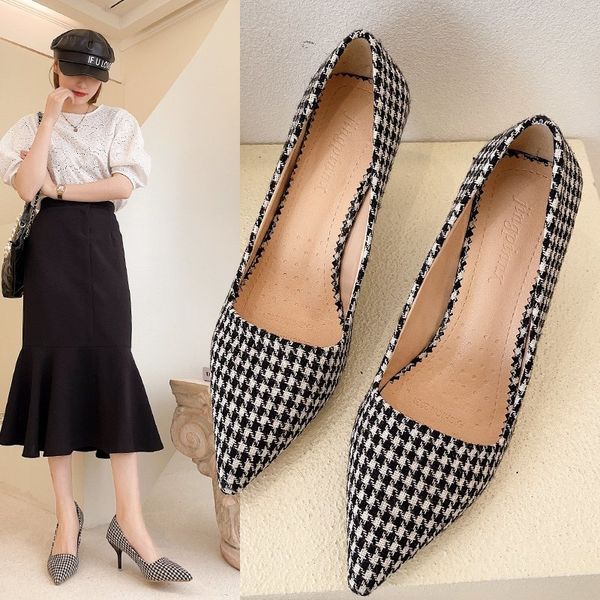 

spring autumn women plaid pumps pointed toe high heels dress shoes jacquard fabric boat shoes thin heel ladies shoes 9350n, Black