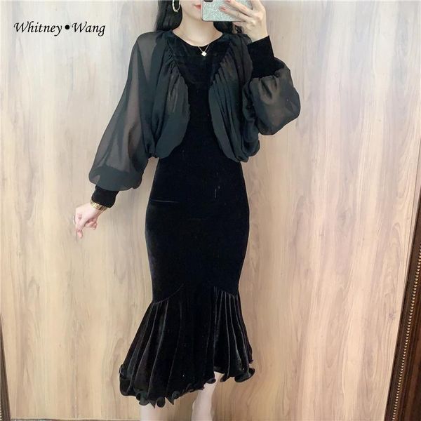 

casual dresses whitney wang 2021 autumn winer fashion elegant mesh puff sleeve patchwork velvet mermaid dress women party, Black;gray