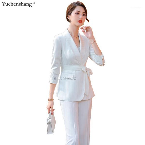 

latest ladies business pant suit white blue striped formal 2 piece design set blazer women jackets and trousers1