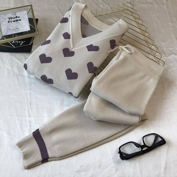 

women v neck heart jacquard knit jumper sweaters pants suit knitting trousers tracksuits, Gray