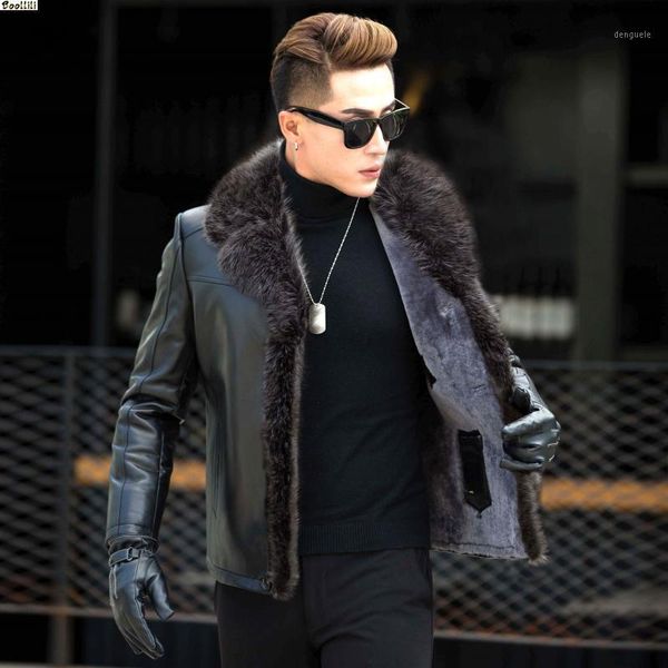 

boollili leather jacket men real raccoon fur collar wool liner second layer of sheepskin coat men leather jackets1, Black