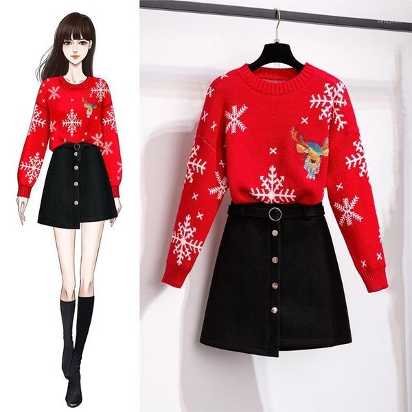

red loose snowflake print christmas sweater winter new year knit two piece set autumn black belt short skirt outfits for women1, Gray