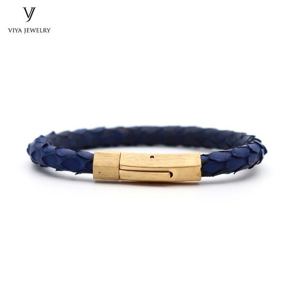 

charm bracelets 2021 genuine navy blue python leather cord bracelet jewelry for women/men man gold color magnetic closure, Golden;silver