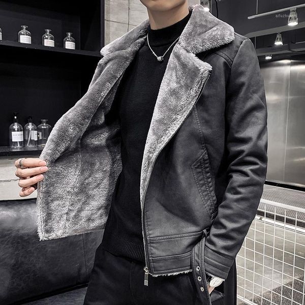 

thick cotton faux fur one loose coat 2020 fashion solid color new winter luxury male slim korean fur men's jacket1, Black