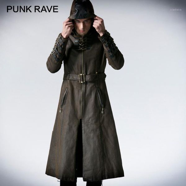 

punk rave steampunk winter vintage metallic bronze belt stylish men hooded long coat coffee twill leather loops hooded trench1, Tan;black