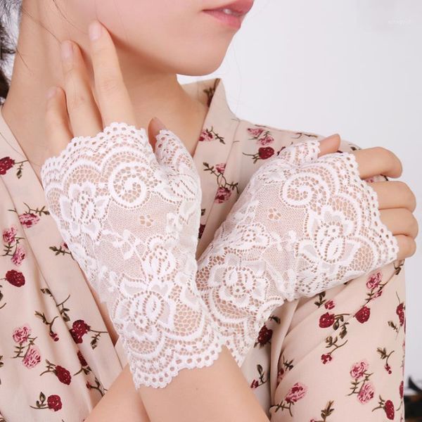 

five fingers gloves long fingerless women lace white black ladies half finger fishnet sunscreen mesh glove1, Blue;gray