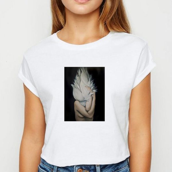 

new t-shirt female feather flower girl t-shirts hipster spring summer tee shirt easy matching vestidos round neck tshirt, White