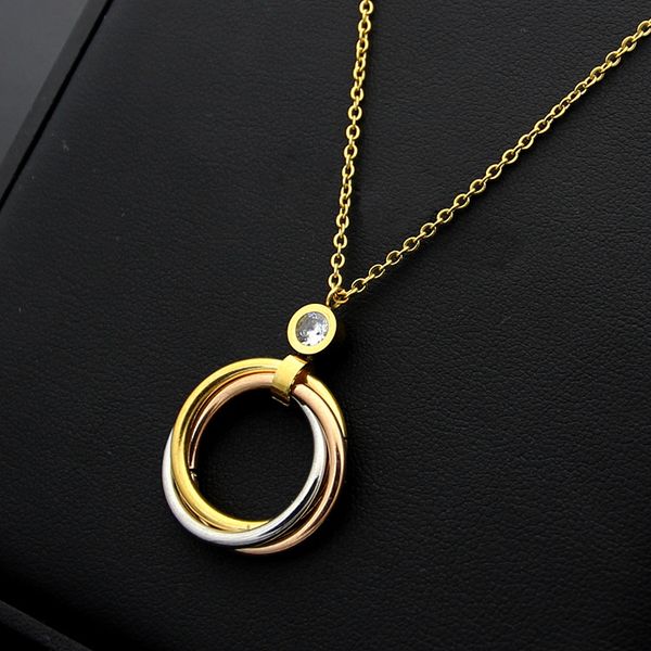 

titanium steel gold plated three rings ring pendant necklace for women's crystal necklace jewelry, Silver