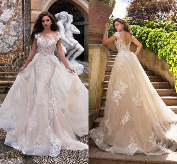 

2021 champagne overskirts mermaid wedding dresses detachable train lace illusion neck bridal gowns exposed boning marraige dress ajq3, White