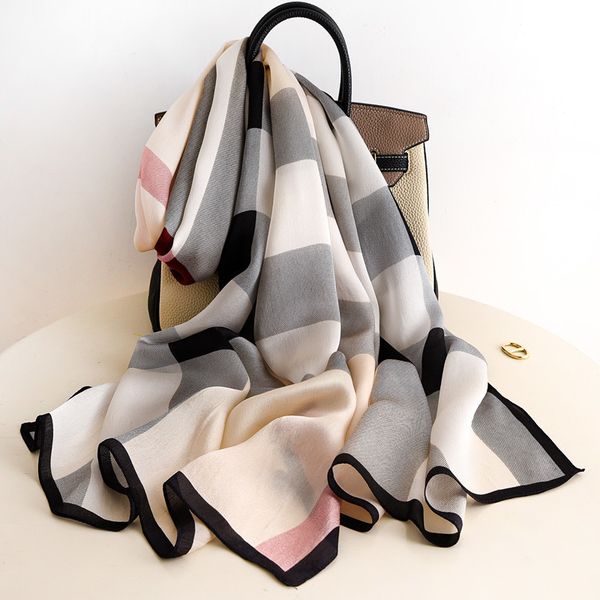 

classic versatile scarves women spring autumn thin mulberry silk scarf long beige plaid shawl for elders, Blue;gray