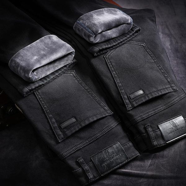 

men's jeans winter fleece warm men classic 2021 thicken soft black gray distressed denim overalls mens pants, Blue