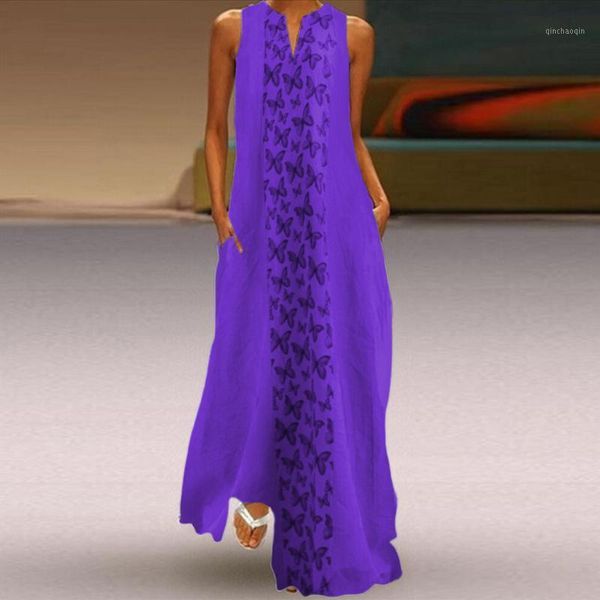 

cover-ups 2021 oversized summer dress femme robe women vintage casual butterfly print sleeveless cotton v-neck maxi dresses1