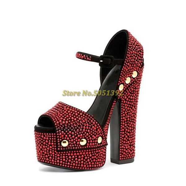 

crystal platform peep toe sandals block heel ankle strap cover heel red gold black shiny shoes for pole dance night club sandals