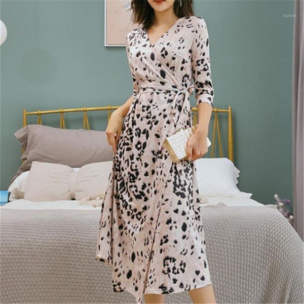 

leopard print high waist v neck mid-calf 2020 new casual office print summer dress elegant party a-line dresses vestidos1, Black;gray