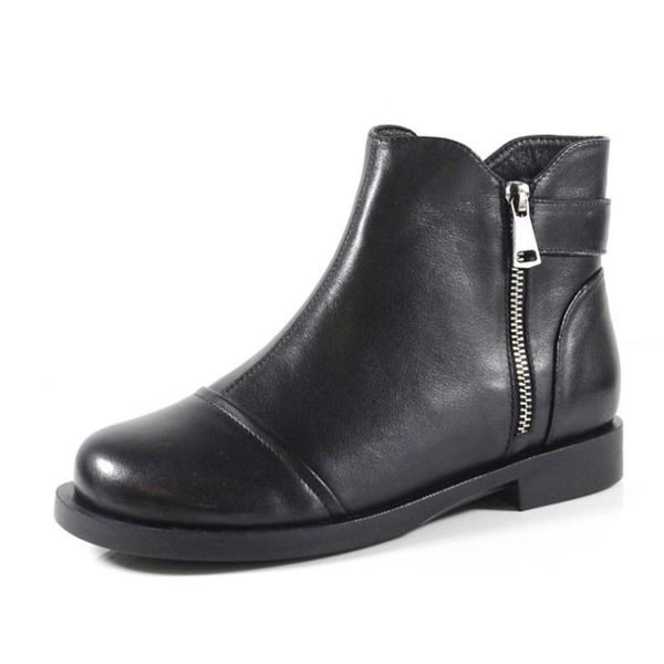 

female genuine cow full grain leather woman shoes ankle black boots zipper low heels footwear handmade riding normal size 2020