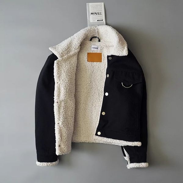 

2020 winter women lambswool jean coat big pockets autumn long sleeves warm jeans coat outwear wide denim jacket, Black