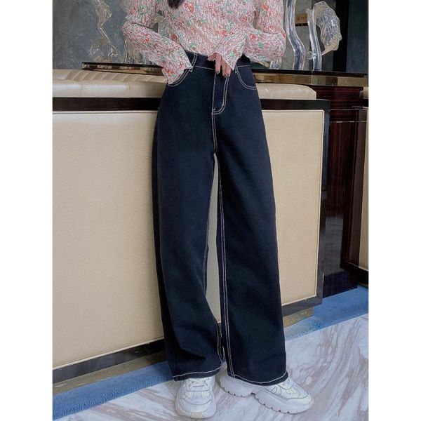 

jasmine line design high waist straight loose and versatile black jeans, Blue
