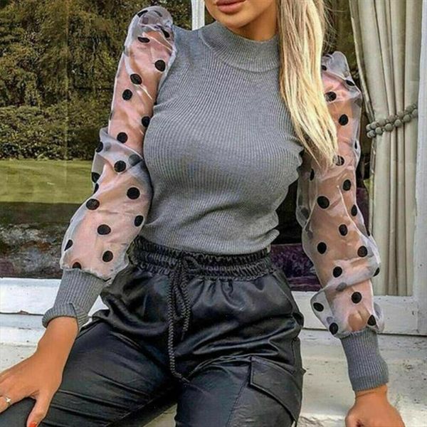 

women elegant knitted blouses mesh puff polka dot long sleeve shirts ladies turtleneck spring autumn blouse streetwear s xl, White