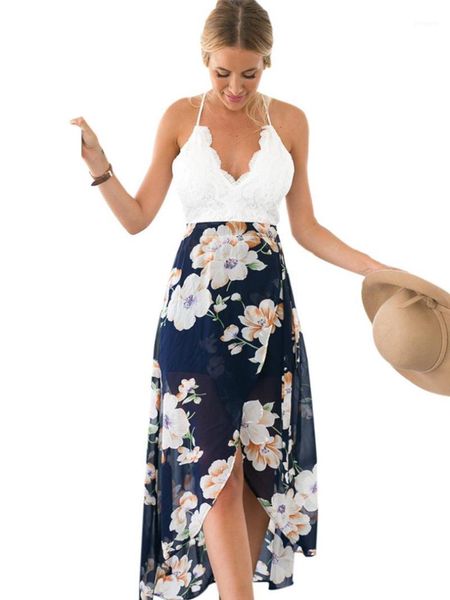 

backless floral print chiffon dress patchwork lace v neck open back high low beach summer girls casual long maxi high low dress1, White;black