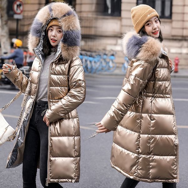

big fur new winter jacket women parkas hooded waterproof down parka female jacket glossy long coat woman slim warm outwear 201028, Black