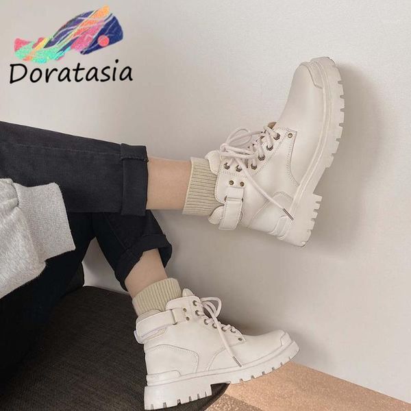 

doratasia ins new arrival women solid platform lace up ankle shoes chunky hook loop casual fashion boots women boots1, Black