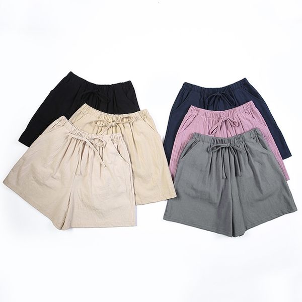 

high waisted solid elastic waist summer short pockets bermuda fashion stuff cotton and linen shorts women's drop shipping, White;black
