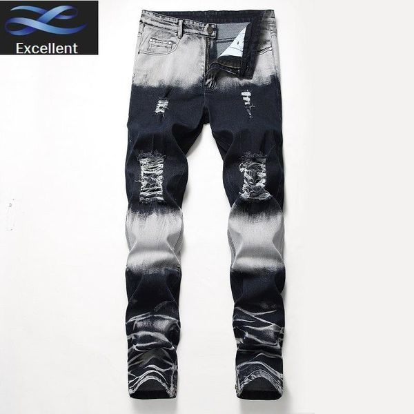 

jean mens pantalones hombre biker clothes slim fit motorcycle vintage streetwear ripped jeans 2021 denim pants men, Blue