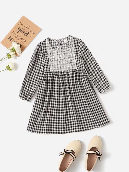 

toddler girls gingham print lantern sleeve contrast lace detail dress she, Red;yellow