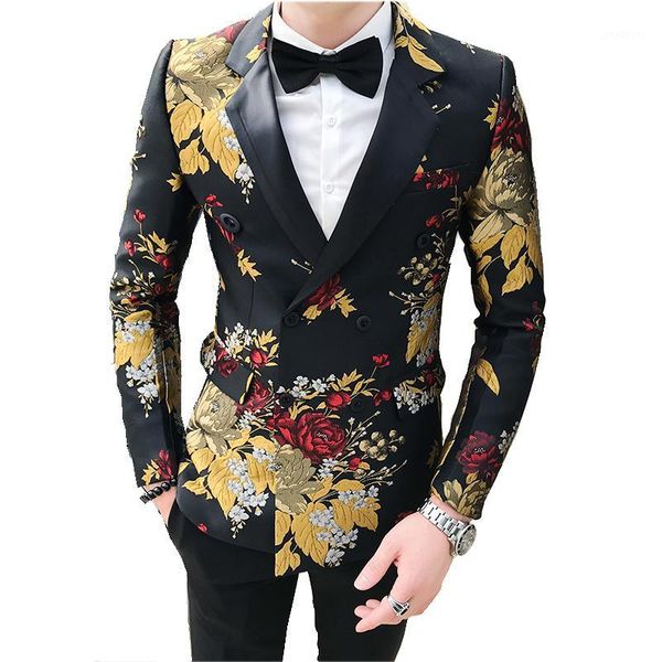 

2020 men's long sleeve spring and autumn chinese style suit street fashion casual printed jacket stage performance costume1, White;black