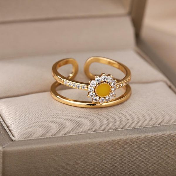Cluster Ringe Zirkon Opal Sonnenblume Für Frauen Offene Einstellbare Edelstahl Gold Silber Farbe Fingerring Paar Schmuck Anillos Mujer