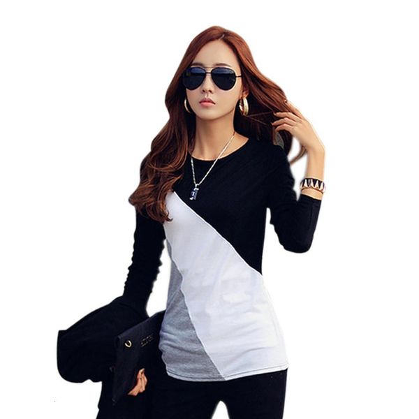

t shirt women female t-shirt long sleeves slim fit round neck mixed color fashion casual women shirt mujer t-shirts woman, White