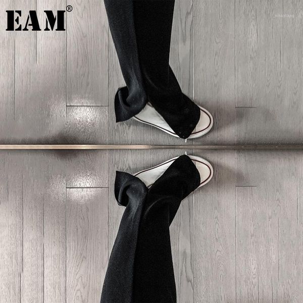 

[eam] high elastic waist black hem bent long wide leg trousers new loose fit pants women fashion tide spring autumn 2020 1r3471, Black;white