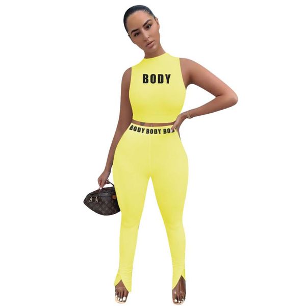 

2020 letter body print two piece sets outfits women's suit 2020 summer sleeveless tank and split pants two piece set, Gray