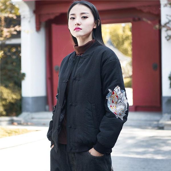 

johnature 2019 winter new women embroidery jackets coat cotton linen button vintage long sleeve chinese style women warm coats1, Black;brown