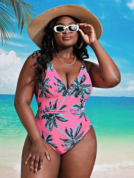 

sxy plus plant print one piece swimsuit 92lb#, Black