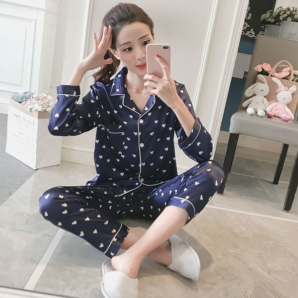 

wholesale foply womens comfortable silk pajamas girl print pyjama set long sleeve sleepwear suit women nightshirt sets y200425, Black;red