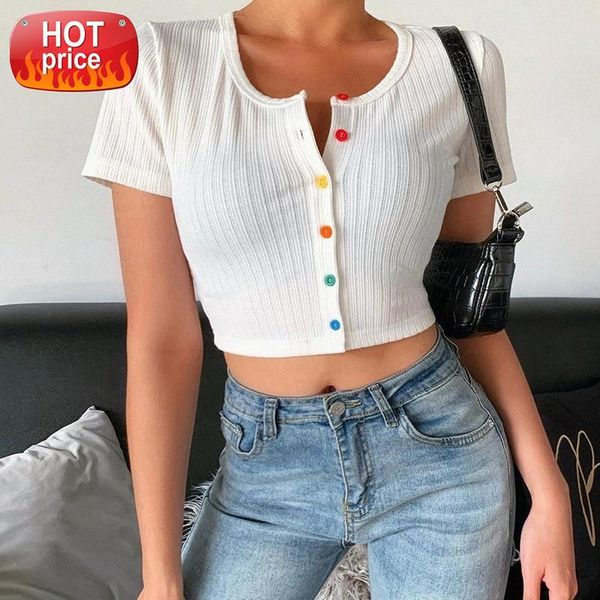 

summer fashion female knit colorful button kint cardigan short sleeve crop ladies o neck solid color #t92v, White